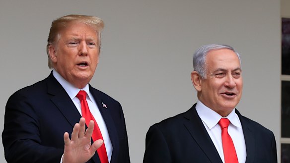 US President Donald Trump welcomes visiting Israeli Prime Minister Benjamin Netanyahu to the White House in Washington in March.