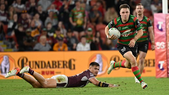 Rabbitohs No.1 Blake Taaffe bursts past Manly’s Josh Schuster.