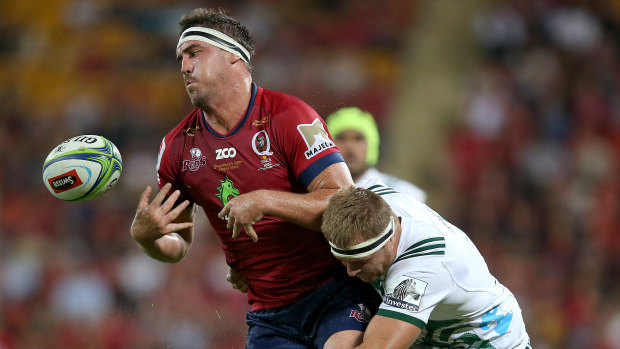 Reds player Izack Rodda looses the ball out of a tackle during the round 10 Super Rugby game between the Queensland Reds and the Chiefs at Suncorp Stadium on Saturday.