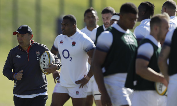 Follow my lead: England's coach Eddie Jones with his players at training during the South Africa tour.