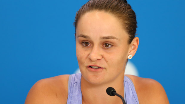 Big gesture: Ash Barty talks to media in Brisbane on Sunday.