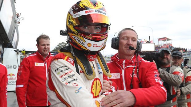 Scott McLaughlin celebrates his maiden Bathurst victory..