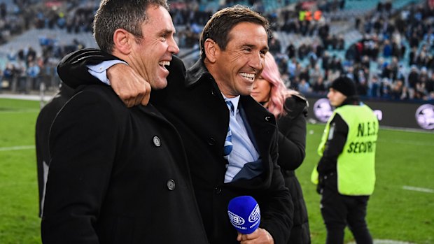 Blues brothers: Fittler and Andrew Johns after fulltime.