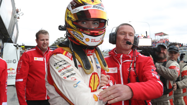 Scott McLaughlin celebrates after taking pole position during the Top 10 Shootout for the Bathurst 1000.
