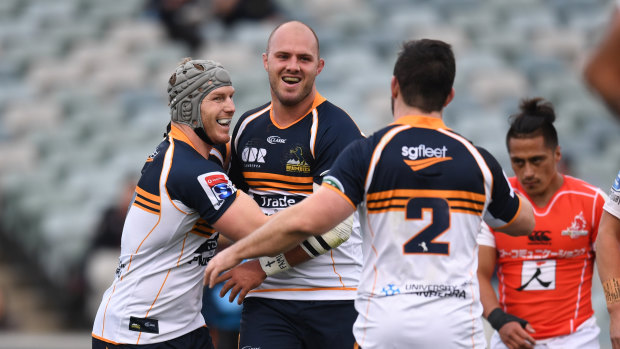Lachlan McCaffrey scores a first-half try against the Sunwolves. The Brumbies scored seven tries in the match.