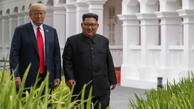 Donald Trump and Kim Jong-un in Singapore on Tuesday.