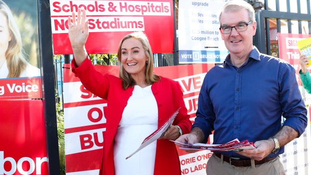 Labor candidate for Coogee, Marjorie O'Neill, and Labor Leader, Michael Daley, greet voters at the polling booth at South Coogee Public School.
