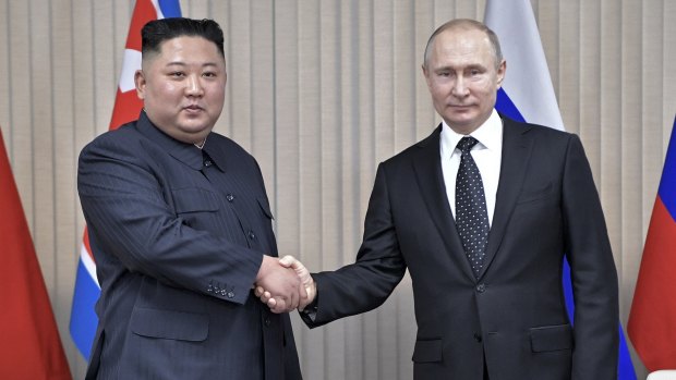 North Korea's leader Kim Jong-Un and Russian President Vladimir Putin pose for a photo prior to their talks in April.