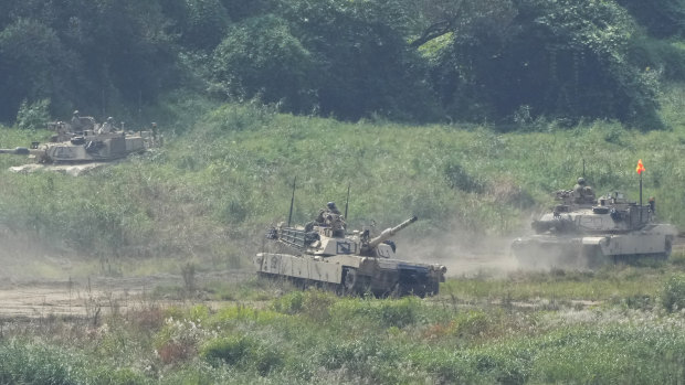 US military tanks conduct an exercise in Yeoncheon, near the border with North Korea, South Korea on Friday.