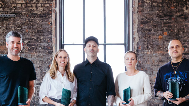 Four finalists for the International Woolmark Prize (from left): Brandon Maxwell (USA), Nicole and Michael Colovos of Colovos (USA), Marina Afonina of Albus Lumen (Australia) and Willy Chavarria (USA). 
