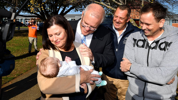 Scott Morrison and his wife Jenny with the Liberal candidate for Braddon, Gavin Pearce. 