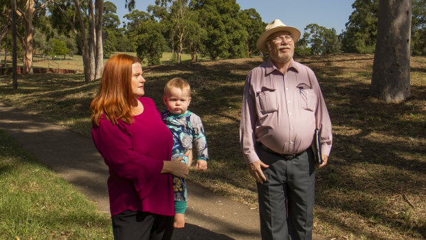 Suzette Meade, pictured with son Ned and former Parramatta councillor Laurie Bennett, said "green space in Parramatta is not safe".