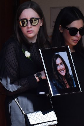 Sarah Ristevski (left) at the funeral service for her mother, Karen, in Essendon on March 6, 2017.