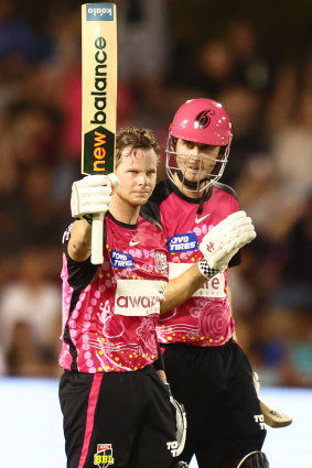 Steve Smith celebrates his BBL ton.