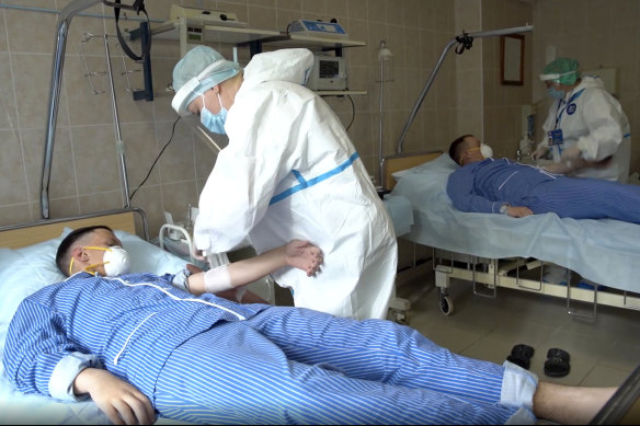 Volunteers participate in a trial of a coronavirus vaccine at the Budenko Main Military Hospital outside Moscow last month.