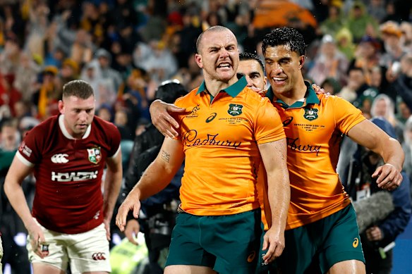 The other winger: Dylan Pietsch of the Wallabies celebrates after scoring a try