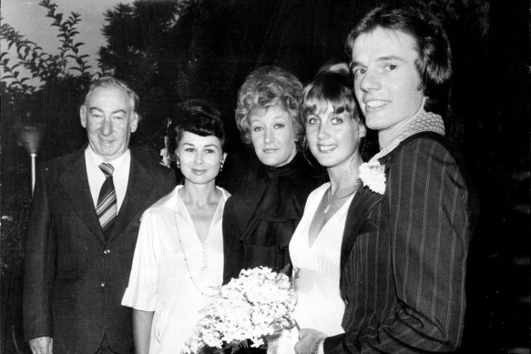 Former attorney-general Lionel Murphy, left, with his wife Ingrid and civil celebrant Jill Fuller (centre) at the wedding of George and Susan Selic in Sydney in 1976.