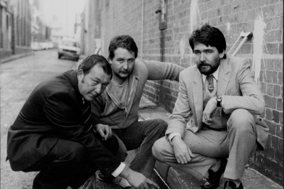 Keith Lanfranchi (left), father of Warren, with his remaining sons Howard and Darell, at the site where Warren was shot in Chippendale.