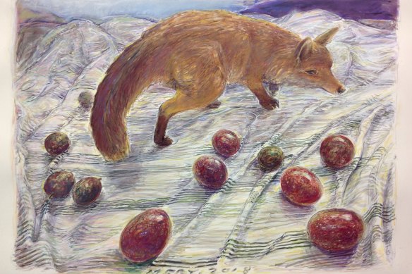Fox With Mixed Passionfruit (2018) on paper; chalk pastel & charcoal; 61 cm x 83 cm.
