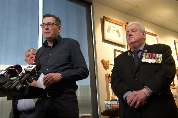 Premier Daniel Andrews making an announcement with Minister for Veterans Shaun Leane at the Noble Park RSL on Sunday.