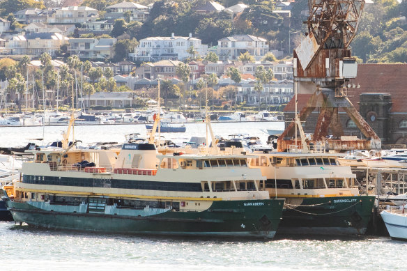 The Narrabeen and Queenscliff are tied up at Cockatoo Island in Sydney Harbour.