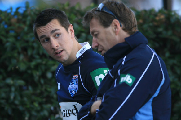 Didn’t get Origin … Mitchell Pearce with NSW coach Craig Bellamy in 2008.