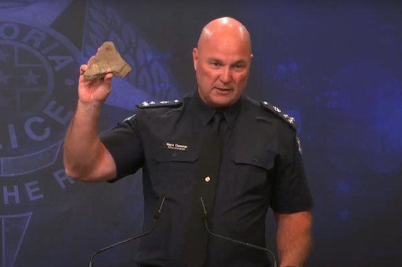 A visibly frustrated Commander Wayne Cheesman said protesters had pelted police with bluestone rocks. Victoria Police confirmed two officers had been hospitalised after clashing with protesters. 