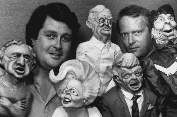  Paul Murphy and Andrew Saw with puppets used in Nation Wide Friday nights, at the ABC Gore Hill studios. October 26, 1983. 