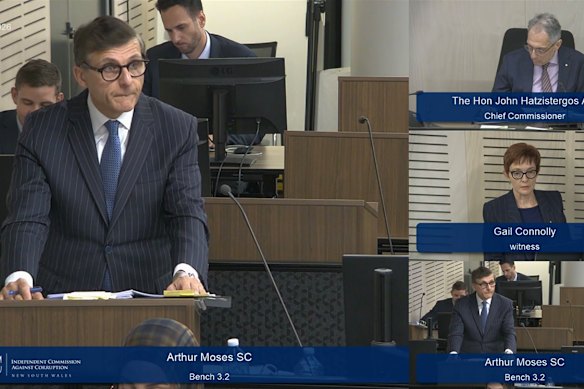 Arthur Moses SC cross-examines Gail Connolly at the ICAC. 