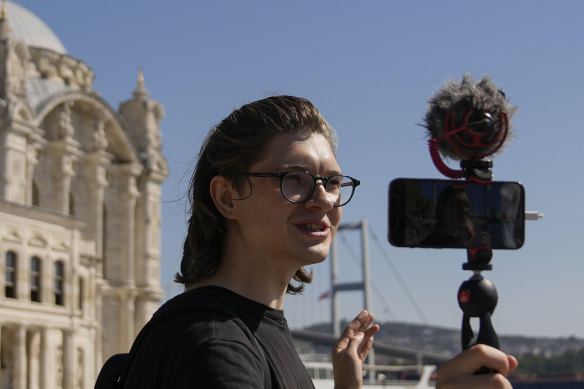 Russian YouTube vlogger Niki Proshin, 28, shoots a video log for his YouTube channel in Istanbul, where Russians have flocked to since the mobilisation.