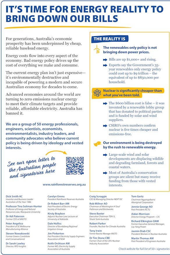 A pro-nuclear, anti-renewables ad by a group called Rainforest Reserves Australia. The source of their funding is unknown.