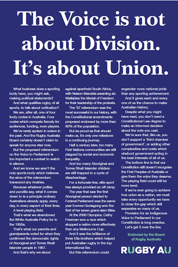 Page seven of Thursday’s Sydney Morning Herald features an ad from Rugby Australia backing the Voice to Parliament.