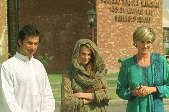 Imran Khan with his then wife Jemima and Princess Diana in 1997, outside the cancer hospital he built and named after his mother.