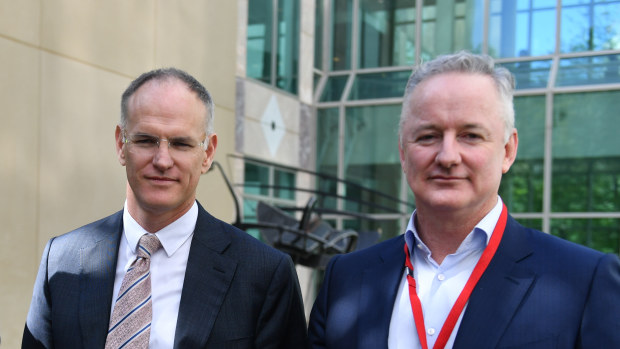 ABC Managing Director David Anderson, News Corp Australasia executive chairman Michael Miller and Nine Entertainment CEO Hugh Marks after a press conference in Canberra, in November.