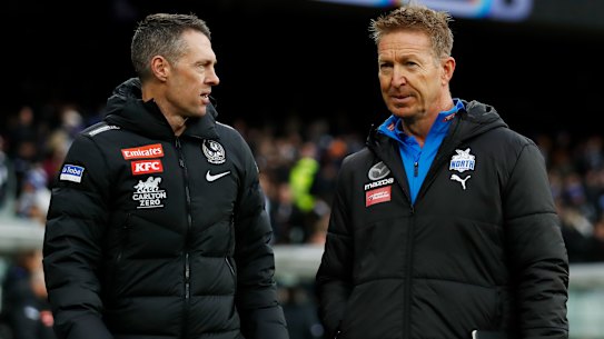 Craig McRae with David Noble after their sides battled it out at the MCG.