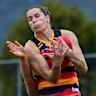 Adelaide AFLW veteran Chelsea Randall takes a strong grab on Sunday against Geelong.