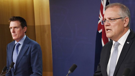 PM Scott Morrison and Attorney General Christian Porter address the media. 