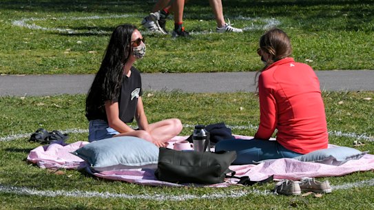 Physical distancing circles in Princes Park.