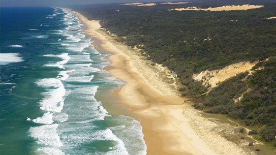 The young girl was injured at Lake Wabby, 23 kilometres south of Seventy Five Mile Beach (pictured) on Fraser Island.