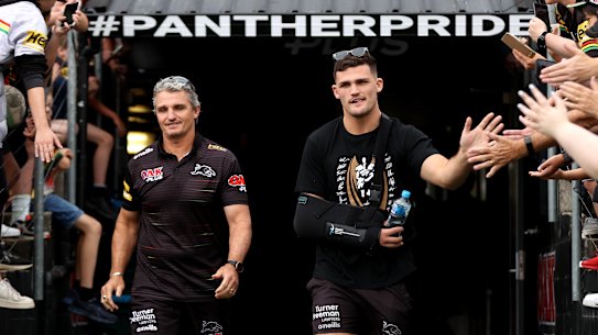 Ivan and Nathan Cleary greets fans at the Panthers’ premiership parade at BlueBet Stadium on Saturday.