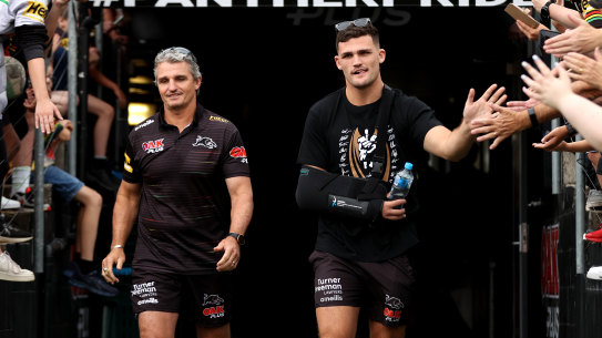 Ivan and Nathan Cleary greet fans at the Panthers’ premiership parade at BlueBet Stadium last year.