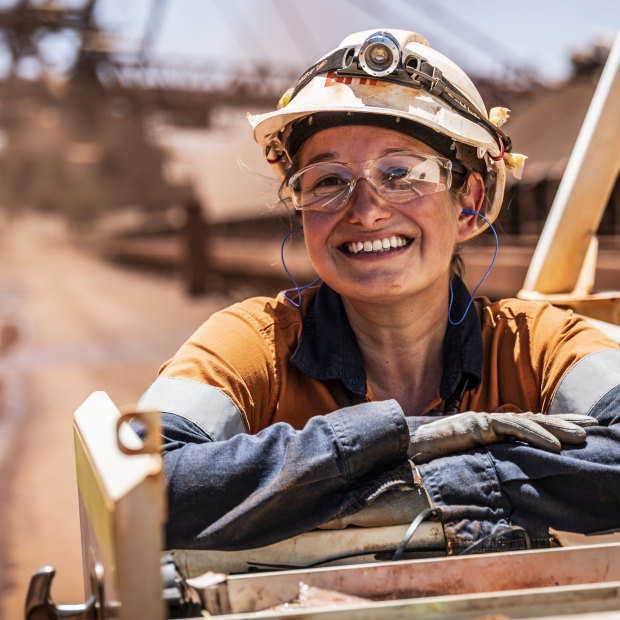 Electrician Nicole O’Keefe at the BHP Jimblebar reclaimer in WA.