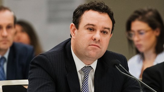 Penrith MP Stuart Ayres at NSW Parliament estimates answering questions about $12m funding from his Sports department for facilities at Panthers in his electorate. 