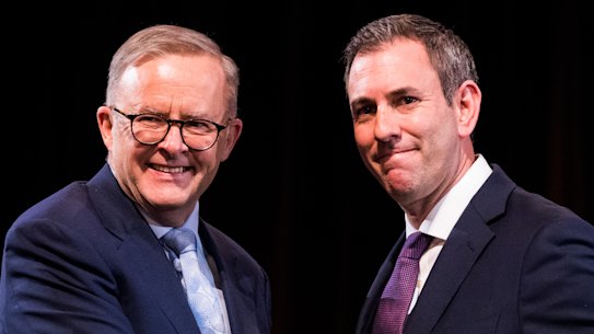 A job well done: Prime Minister Anthony Albanese and Treasurer Jim Chalmers at the Jobs and Skills Summit on Friday.