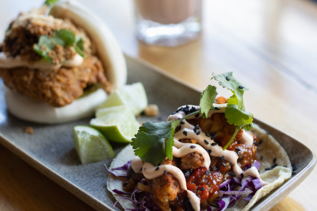 “Chicken” bao and mushroom  taco at Vegie Bar