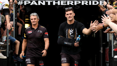 Ivan and Nathan Cleary greet fans at the Panthers’ premiership parade at BlueBet Stadium last year.