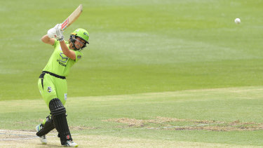 Phoebe Litchfield dispatches a delivery down the ground during last seasonâ€™s WBBL.