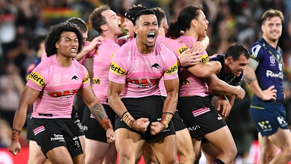 Stephen Crichton and Brian To’o send Storm players a message after Penrith’s preliminary final win  last September.