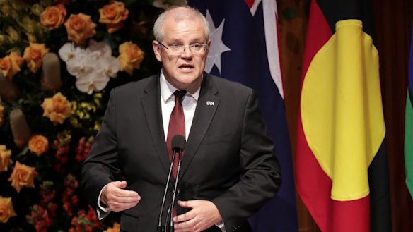 Prime Minister Scott Morrison speaks at the memorial for Bob Hawke.