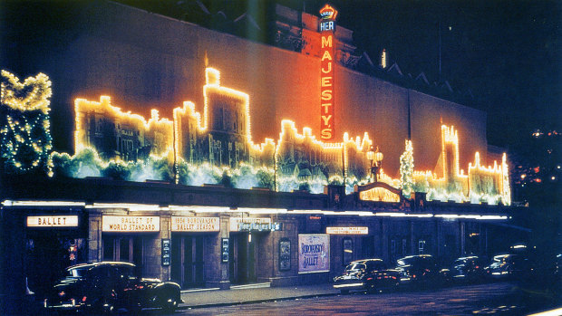 The facade of Her Majesty's Theatre in the 1950s.
